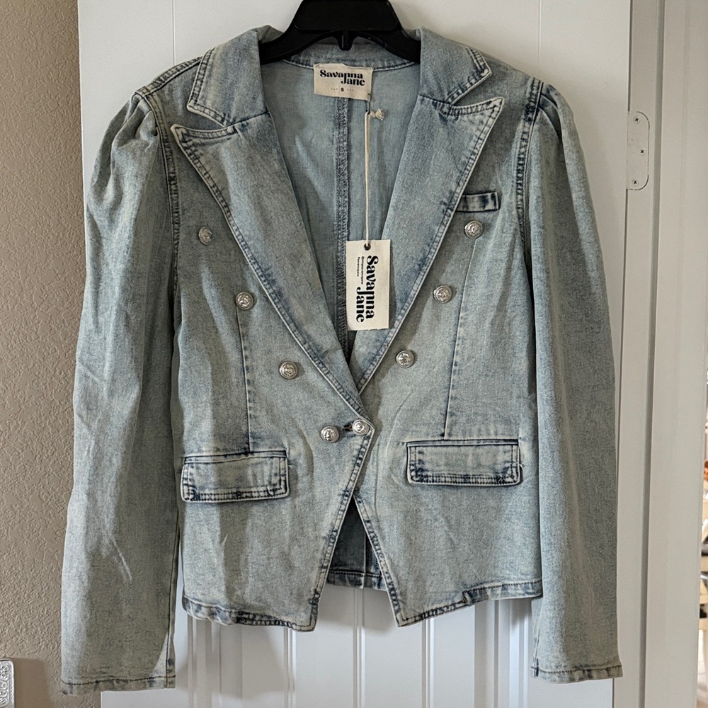 Savanna Jane Denim Blue Double-Breasted Blazer